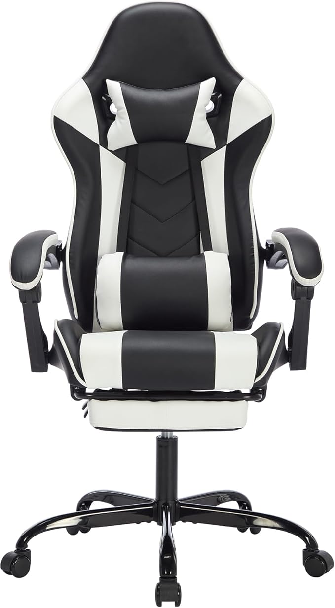Gaming Chair with Footrest Ergonomic Computer Desk Chair with Massage Lumbar Support &amp Headrest Reclining High-Back PU Leather Office Chair 330LB Capacity for Adults (Black White)