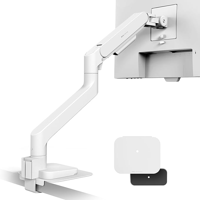 BenQ BSH02 Ergo Monitor Arm -Gas Spring Monitor Stand for Up to 45'' &amp 44lbs Screens Heavy Duty Quick Installation No Sagging Top Clamp and Grommet Base Reinforcement Plate VESA 75x75 &amp1
