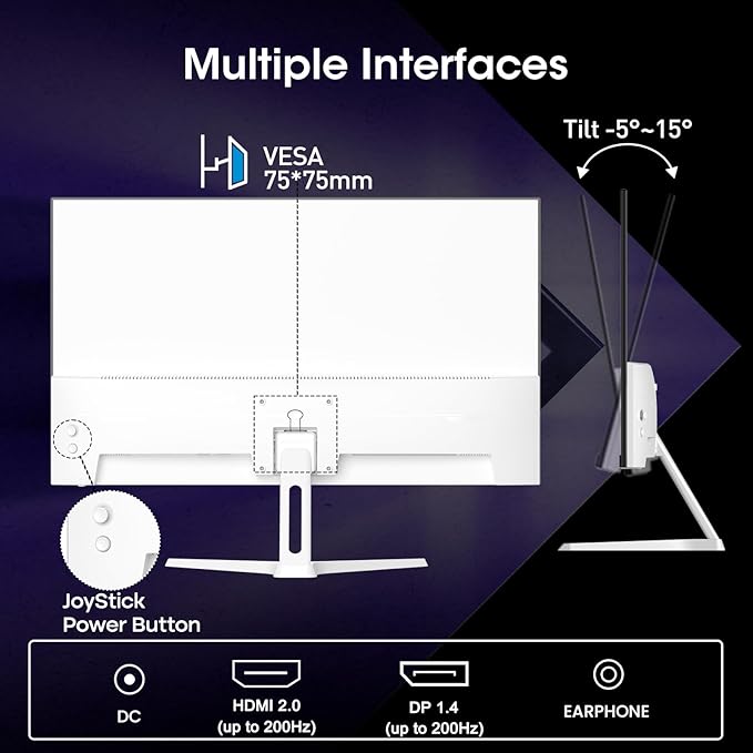 Amzfast 24 Inch Gaming Monitor 200Hz FHD 1080p Fast IPS Computer Monitor 110% sRGB 1ms HDR Support Adaptive Sync Eye Care VESA Mount HDMI 2.0 | Display Port 1.4 White Monitor AMZG24X1W
