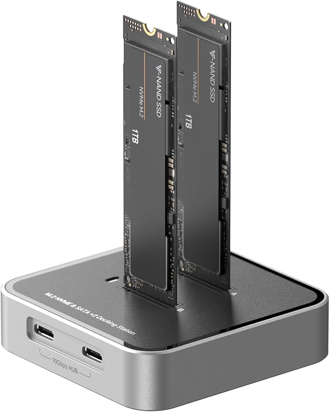 MiliPow Dual Bay M.2 NVME SATA SSD Enclosure USB 3.2 10Gbps HUB PCIE NVMe Docking Station Up to 16TB Plug and Play with M.2 SSD Storage Case
