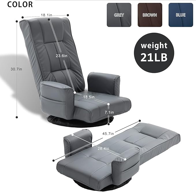 FLOGUOR 360° Swivel Gaming Floor Chair with Armrests – 14-Position Adjustable Folding Floor Sofa Lounger Padded Backrest Multi-Angle Recline for Home Living Room &amp Office (Grey)