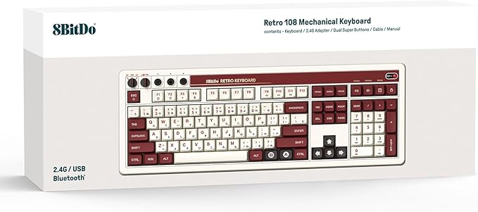 8BitDo Retro 108 Mechanical Keyboard with 108 Keys and Integrated Numpad Bluetooth/2.4G/USB-C Hot Swappable Wireless Gaming Keyboard for Windows and Android - Fami Edition