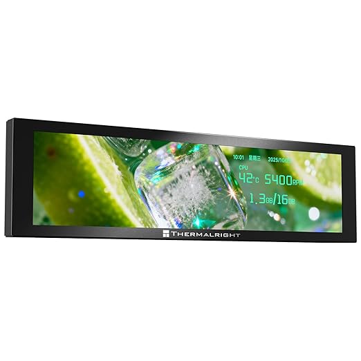 Trofeo Vision 9.16 LCD Real-Time PC Monitoring Screen 1920×480 Case Display USB Type-C Single Cable Hardware Stats and GIF Display for Desktop PC (Black)