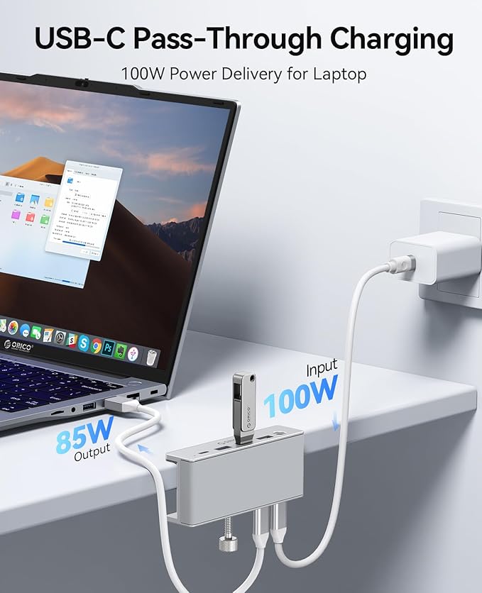 ORICO Clip Docking Station 8-in-1 Clamp USB C Hub with 4K@60Hz HDMI 100W PD Gigabit Ethernet 4xUSB Port AUX 10Gbps Clamp Docking Station for Laptop MacBook PC (Adapter Not Included)