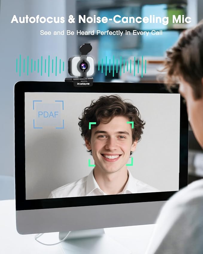 MELCAM 2K Webcam for PC Web Camera with Microphone Light Privacy Cover Plug and Play Autofocus USB Computer Camera for Laptop Desktop PC Mac Zoom Skype Meeting Streaming(Black)