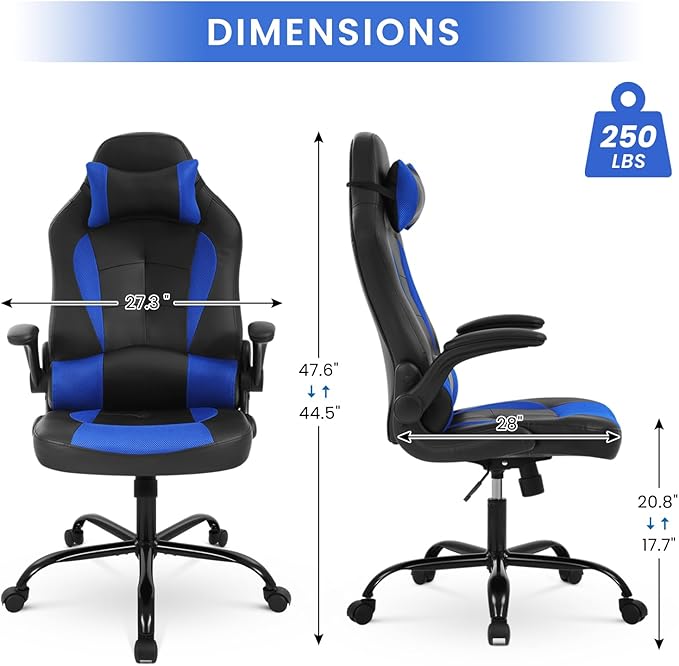 Gaming Chair PU Leather Computer Chair with Flip-up Armrest and Lumbar Support Ergonomic High Back Home Office Chair Comfy Video Game Chair for Home Bedroom Blue