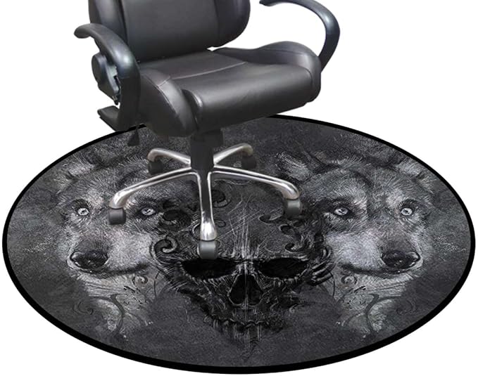 Grey BlackRound Area Rug Abstract Skull Figure Between Two Canine Animals Hardwood Floor Multi-Purpose Soft Mats for Gaming Rolling Chair/Living Room/Study Wolf Diameter 43.3 in