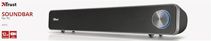 Trust Arys PC Soundbar Speaker for Computer and Laptop 12 W USB Sound System Metal Grill Illuminated Volume Control Speaker Bar for PC Laptop Mac - Black