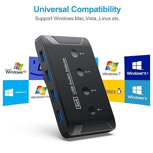 USB 3.0 Switch Premium USB Switcher Computers Sharing 4 USB Devices for Keyboard Mouse Printer Scanner Peripheral Switcher Box Compatible with Mac/Windows/Linux
