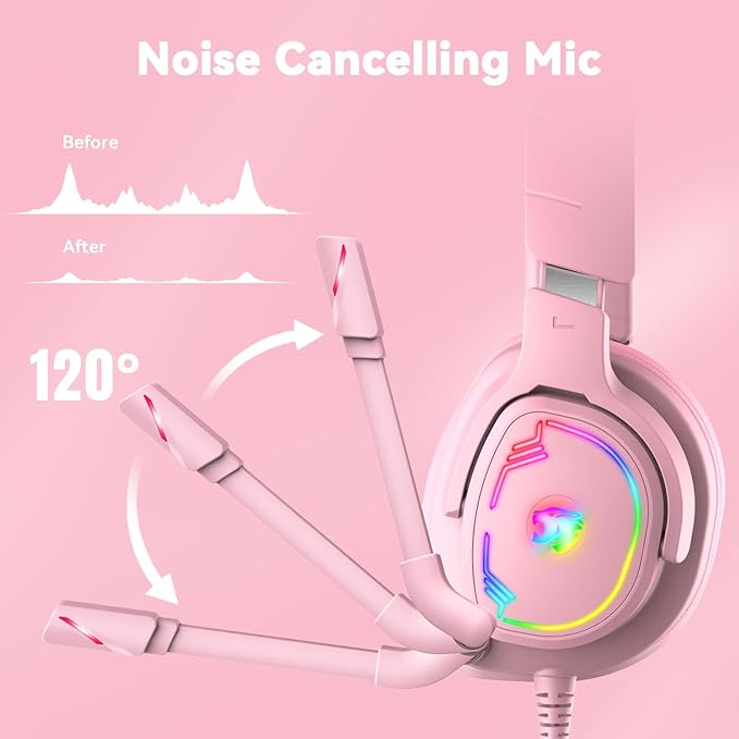 Gaming Headset for PC/PS4/PS5/Xbox One/Switch Stereo Surround Sound Gaming Headphones with Noise Canceling Flexible Mic Computer Headset with 3.5mm Jack &amp RGB Light (Pink)