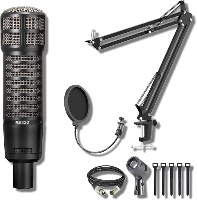 Electro-Voice RE320 Dynamic Vocal and Instrument Microphone with StreamEye Boom Arm Mic Stand with Desktop Mount Detachable Clip Professional Grade XLR Cable Microphone Pop Filter and Cable Ties