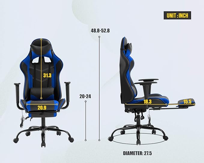 Ergonomic Gaming Chair PU Leather Massage Gaming Chair with Footrest/Armrest/Lumbar Support for Adults Gaming Work Study Racing Style Computer Chairs Big and Tall Gaming Chair