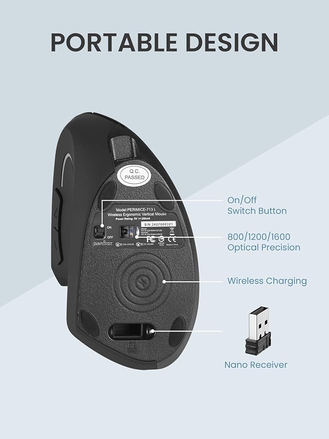 Perixx PERIMICE-713LR - Left Handed Cordless Rechargeable Vertical Mouse - Duo Wired and Wireless Charging Feature - 6 Buttons Design - Left Handed