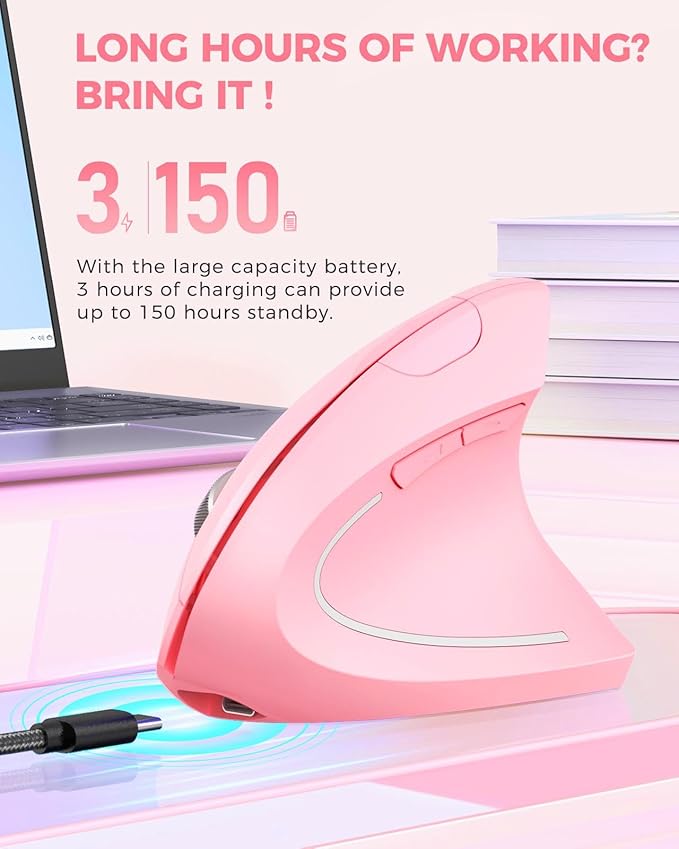 Lekvey Ergonomic Mouse Vertical Wireless Mouse Rechargeable 2.4 GHz USB Optical Carpal Tunnel Mice : 800/1200 / 1600 DPI 6 Buttons for Laptop PC Mac Computer Desktop Notebook etc Pink