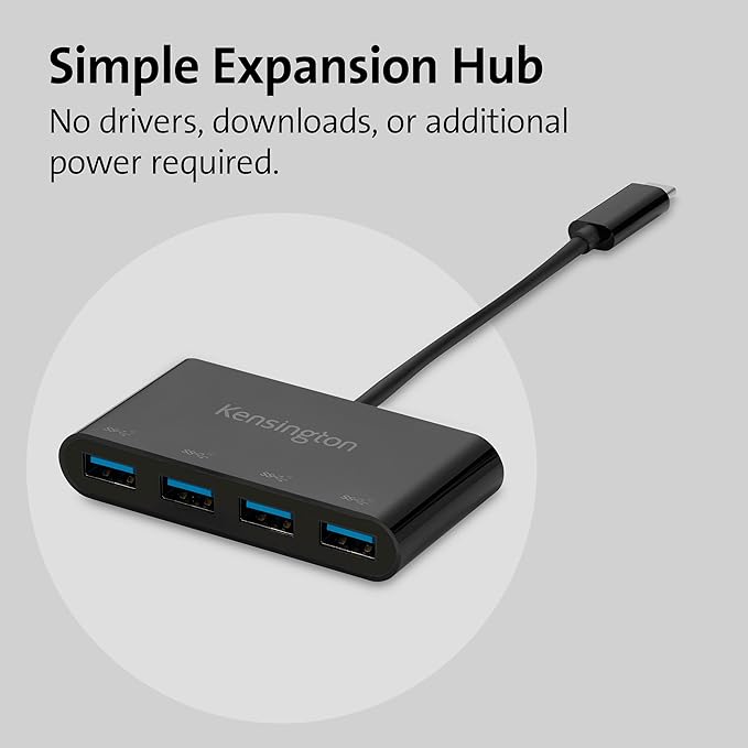 Kensington CH1200 USB-C 10Gbps 4-Port Hub USB Type C to USB Adapter with 4 USB 3.0 Compatible with Thunderbolt 4 Thunderbolt 3 USB4 and USB-C Devices (K33616WW)