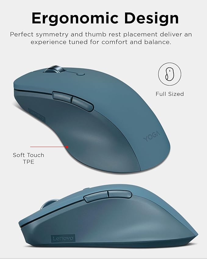 Lenovo Yoga Pro Mouse Bluetooth USB-C Rechargable Dual Mode Bluetooth 6 Button Right Handed Design Ergonomic Design Programmable Buttons 2-Way Metal Scroll Wheel Tidal Teal