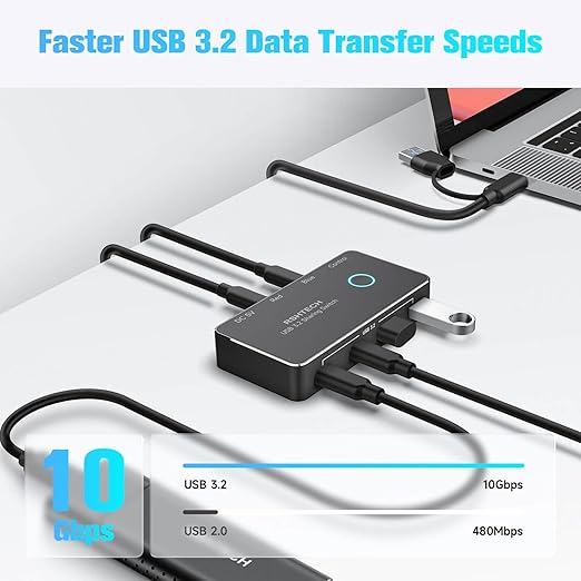 RSHTECH USB 3.2/USB C Switch 10Gbps 2 Computers Share 4 USB 3.2 Ports(2 USB-A+2 USB-C) USB Switcher Selector with 2 Cables and Controller for PC Laptop (No Video Output or Charging)