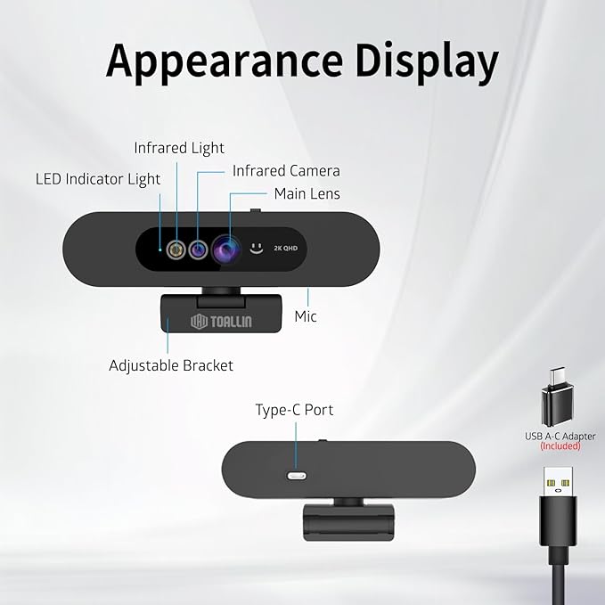 TOALLIN 2K QHD Webcam for Windows Hello Face Login IR Facial Recognition Camera USB Webcam with Microphone 92° Wide Angle View Computer Web Camera for Video Calls