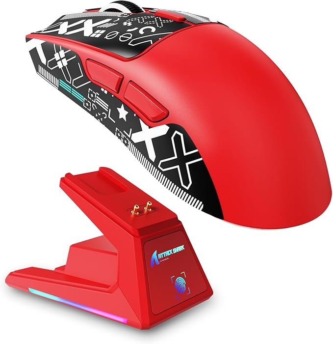 X1 Superlight Wireless Gaming Mouse with RGB Magnetic Charging Dock BT/2.4G Wireless/Wired Gaming Mouse PAW3395PRO Gaming Sensor 40000DPI Tape 53g Office Mice for PC/Mac/Win/Xbox (Red)