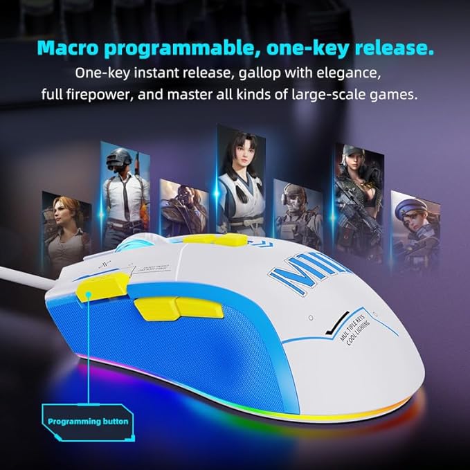 Wire Gaming Mouse Ergonomic RGB Mouse Programmable Gaming Mouse USB-C 7200 DPI Plug Play High-Precision Optical Sensor 8 Programmable Buttons Gaming Mice for PC &amp Laptop White