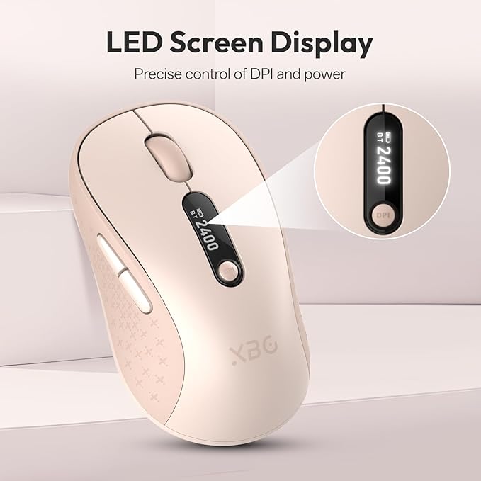 XBG B15pro Wireless Bluetooth Mouse Bluetooth 5.0/4.0 &amp 2.4G Tri-Mode Type-C Rechargeable with LED Screen Display Ergonomic Silent Click for Laptop/PC/Tablet Multi-Device &amp Office Use-Pink