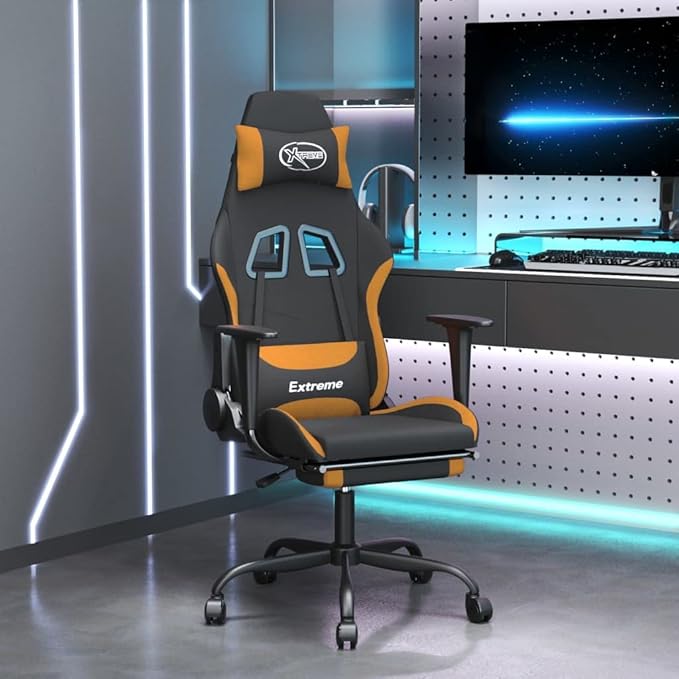 Ergonomic Massage Gaming Chair with Adjustable Footrest and Tilt Function in Black and Orange Fabric for Office and Home Use