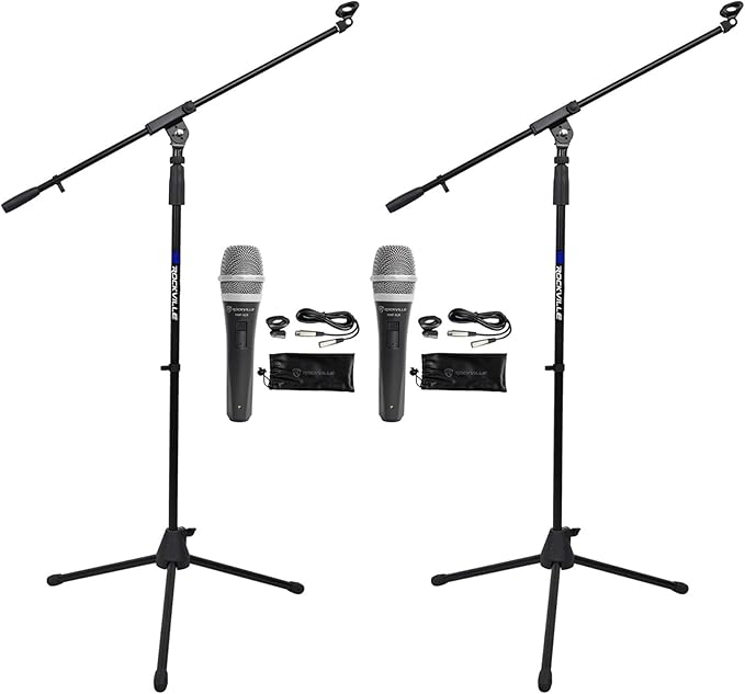 Rockville RMP-XLR Bundle: (2) Dynamic Cardioid Professional Microphones with 10' XLR Cables and Clips (2) RVMIC1 V2 Pro Tripod Microphone Stands with Telescopic Boom and Metal Joints 4-Items