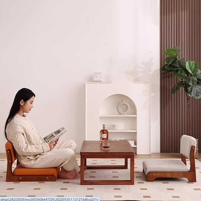 Floor Chair with Back Support for Adults Wood Floor Gaming Chair Video Game Chairs Lounger Japanese Floor Chair Meditation Floor Seat for Bay Window Living Room(/BeigeStyle 2)