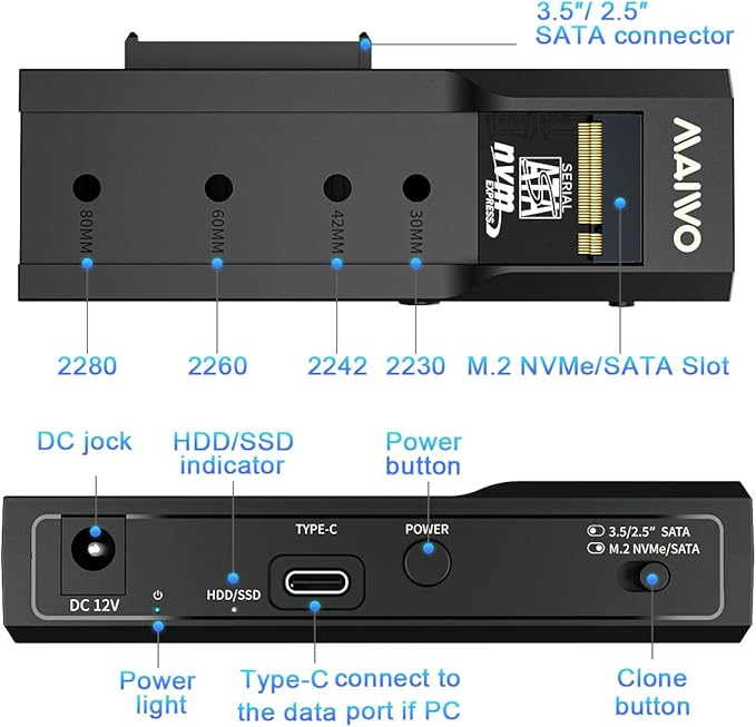 MAIWO NVMe SATA M.2 to SATA 2.5'' 3.5'' Hard Drive Enclosure USB-C 10Gbps Hard Drive Reader Tool Free PCIe NVMe NGFF SATA&ampM.2 Adapter Converter Supports Any Sizes M.2 &amp 2.5''/3.5''
