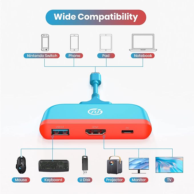 NEWDERY Switch Dock Switch Portable Docking Station with 4K HDMI 100W PD Port USB-C to USB-A Converter 5Gbps Compatible with Switch OLED/Steam Deck/Samsung DeX