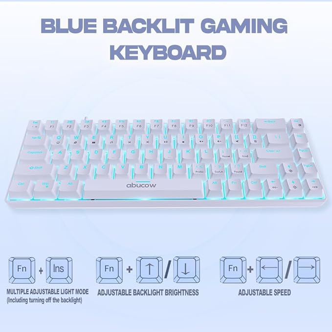 abucow 65% Mechanical Gaming Keyboard Black Switch Wired Compact Keyboard with Blue Backlight Swappable White Keycaps for Windows/Mac