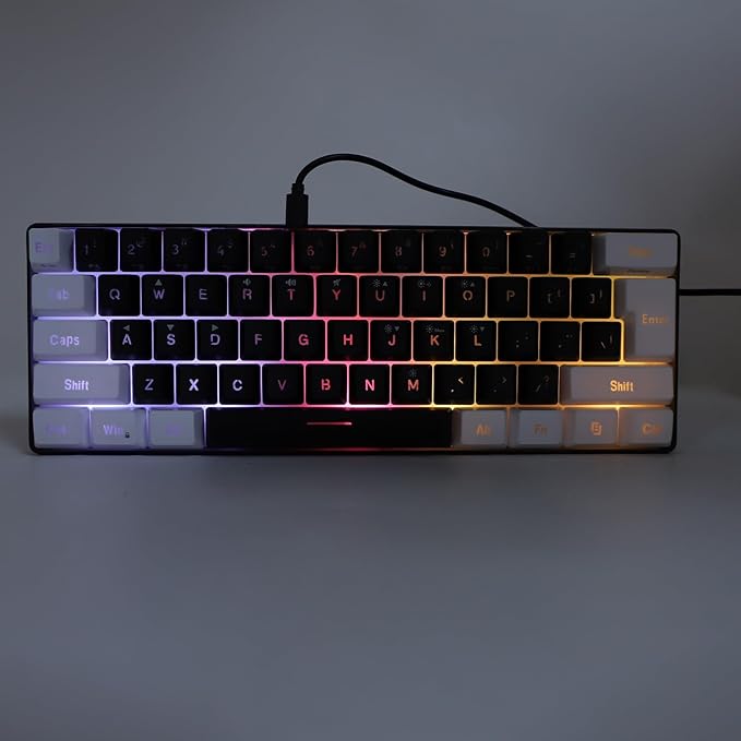 GOWENIC 61 Key RGB Illuminated Keyboard Multi Color LED Backlit Wired Gaming Keyboard and Mouse Combo for Tablet Laptop (Black Center White)
