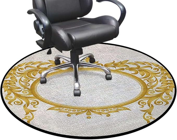 Cream Golden Office Chair Mat Hardwood Floor Computer Desk Mat Anti-Slip Gaming Chair Mat Round Floor Mat Durable Floor Protector of a Frame with Ornaments Floral Patterns Diameter 35.4 in