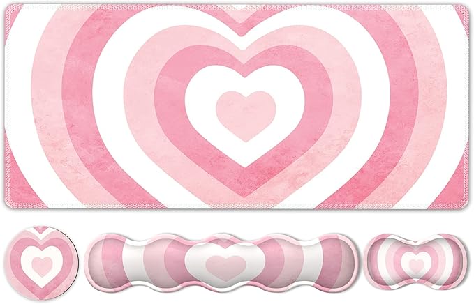iLeadon Keyboard Mouse Pad Set Large Gaming Mouse Pad + Keyboard Wrist Rest + Mouse Pad with Wrist Support + Coaster Easy Typing Pain Relief Desk Mat Set Valentines Day present for Her Pink Heart