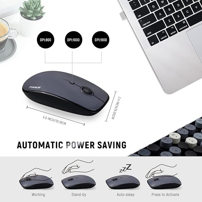 FOPETT Wireless Keyboard and Mouse Combo 104 Keys Full-Sized 2.4 GHz Round Keycap Colorful Keyboards USB Receiver Plug and Play for Windows Mac PC Laptop Desktop (Grey)