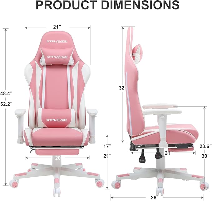 GTPLAYER Gaming Chair with Footrest Ergonomic Computer Game Desk Chair Reclining Gamer Chair Seat Height Adjustment Swivel Rocker with Headrest and Lumbar (Pink)