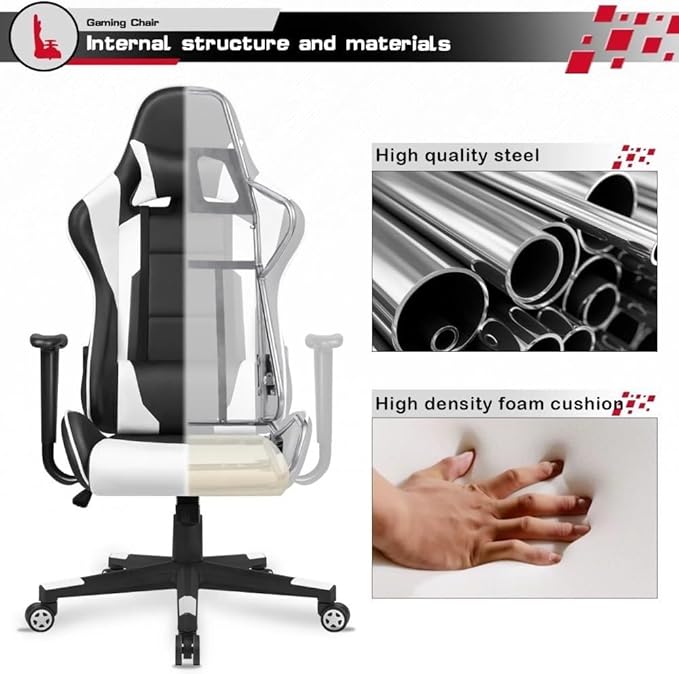 Ergonomic High Back Office Chair with Reclining Swivel Leather Gaming Chair with Headrest and Footrest Adjustable Height White Office Chair
