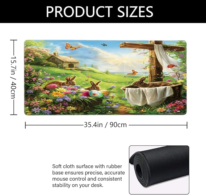 Large Easter Mouse Mat Computer Mousepad with Non-Slip Rubber Base Waterproof Mouse Pad Desktop Keyboard Pad for GamerHome School Laptop Office Accessories16x35.5inZ (212)