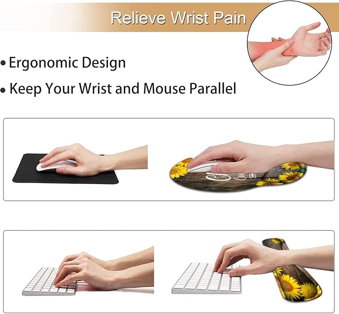 Ergonomic Mouse Pad Gel Wrist Support and Memory Foam Keyboard Wrist Rest Set for Gaming Computer Office Laptop Easy Typing Wireless Mouse Mat Chaos Coordinator Sunflower Pattern Office Desk Pad