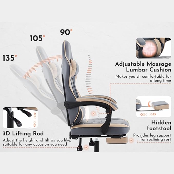 Leather Ergonomic Gaming Chair with Footrest Comfy Beige Gaming Chair with Comfortable Headrest &amp Lumbar Support for Adults Kids Women Men Boys 300 LBS Capacity (Beige+Blue)