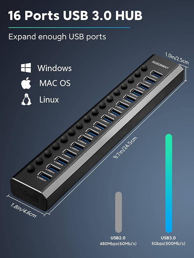 Powered USB Hub Rosonway 16 Ports 96W USB 3.0 Data Hub Aluminum USB Hub 3.0 Splitter with 12V/8A Power Adapter and Individual On/Off Switches RSH-A16 (Black)