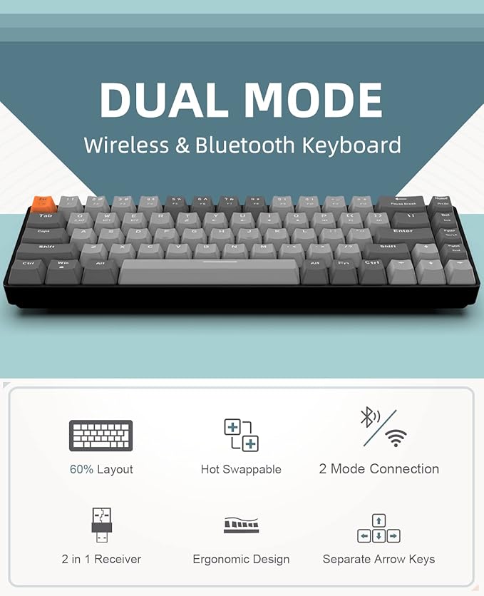 ZIYOU LANG RK68 60% Wireless Mechanical KeyboardBluetooth 5.0/2.4Ghz Dual Mode ReceiverHot-Swappable Mini 68-KeyRetro Color KeycapsLinear Red SwitchUltra Power Saving for PC PS4 Xbox iPhone ipad