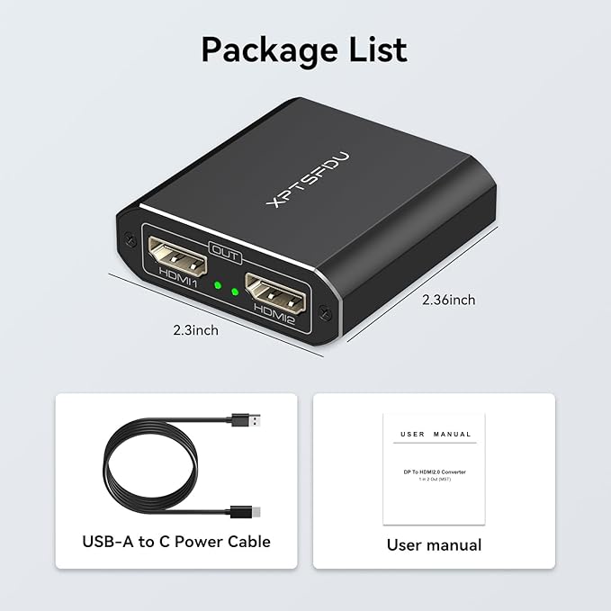 DisplayPort to HDMI Splitter 4K60Hz DP to Dual HDMI Splitter 1 in 2 Out Extended Display with Power Cable Supports Extended and Mirror Mode for Windows (DP and HDMI Cable Not Included)