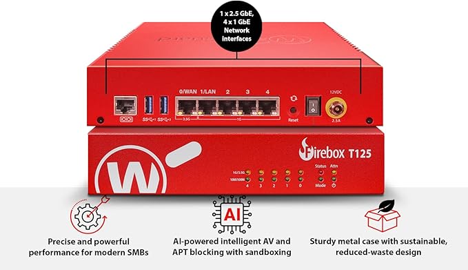 Trade Up to WatchGuard Firebox T125 with 1 Year Total Security Suite - Tabletop Firewall 1x 2.5Gb + 4X 1Gb Ports High-Speed Security for Branch Offices (WGT125671)