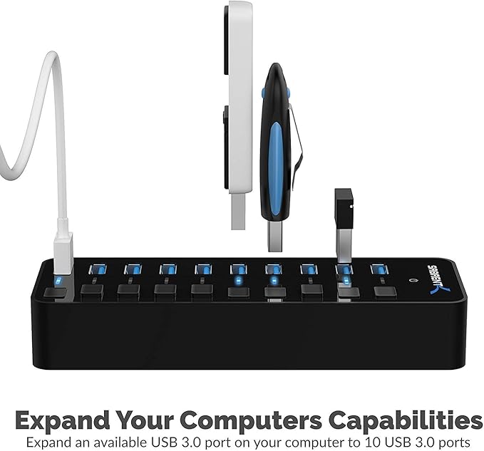 SABRENT 10-Port 60W USB 3.0 Hub with Individual Power Switches and LEDs Includes 60W 12V/5A Power Adapter (HB-BU10)