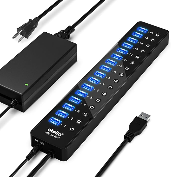 Power USB Hub 3.0 atolla 16 Port USB Splitter with 12V/6A Power Adapter and Individual Switches High-Speed Data Transfer for Laptop PC Mac and More Devices