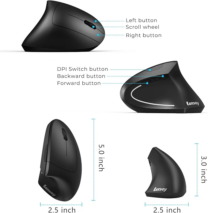 Lekvey Ergonomic Mouse USB C Wireless Vertical Mouse Dual Mode Rechargeable USB-A &amp Type-C Ergo Mouse 1600 DPI Relieves Wrist Pain and Carpal Tunnel for Laptop Computer Mac MacBook PC Black