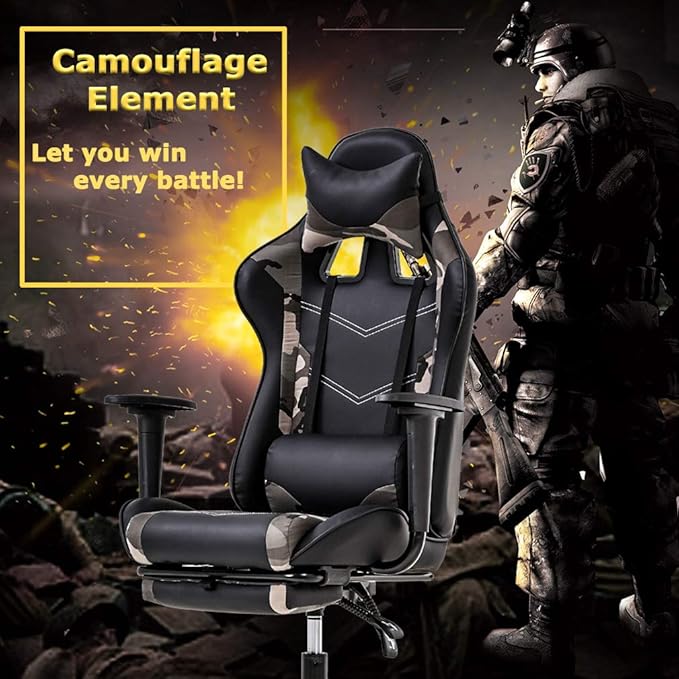 Gaming Chair Racing Office Chair Ergonomic Desk Chair Massage PU Leather Recliner PC Computer Chair with Lumbar Support Headrest Armrest Footrest Rolling Swivel Task Chair for Women Adults Camo