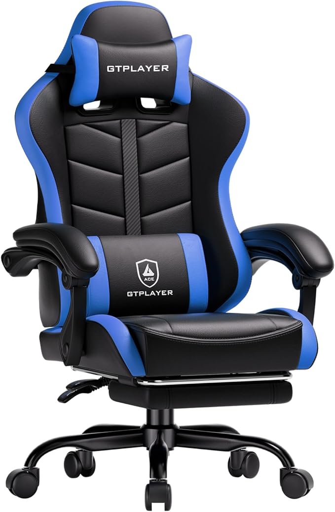 GTPLAYER Gaming Chair for Adults Ergonomic Computer Gaming Chair with Footrest Height Adjustable 90-155° Recline &amp Removable Headrest Lumbar Support Black&ampBlue