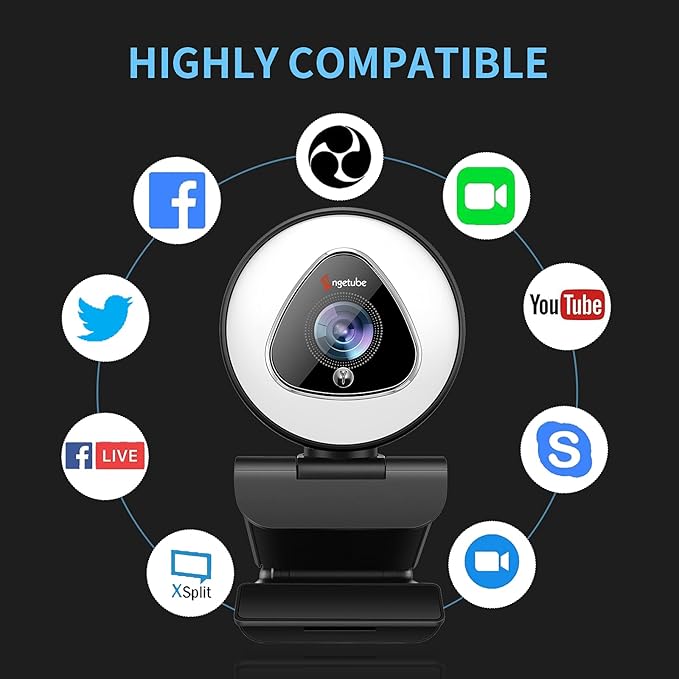 Angetube Streaming Webcam with Ring Light - 1080P Autofocus Computer Camera with Microphone Adjustable Brightness Digital Zoom Webcams for Xbox Twitch Gaming USB PC Web Camera for PC Laptop Desktop